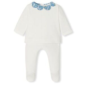 Jacadi Paris White blue flower collar and footie velvet Blouse and Pants set